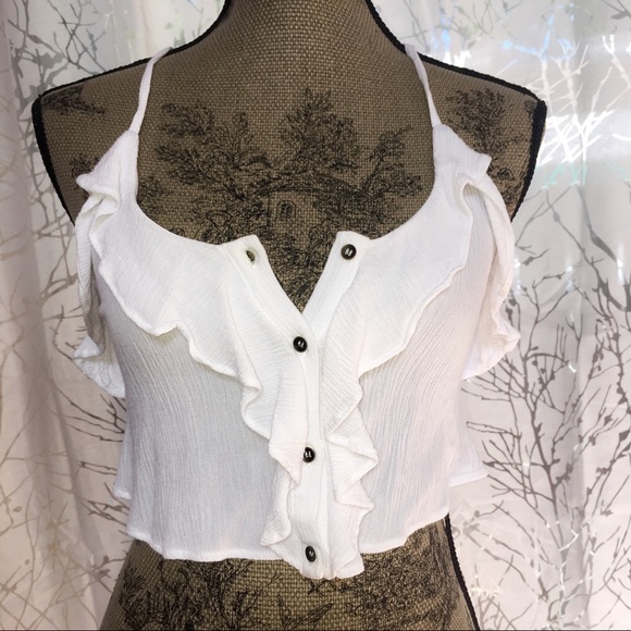 La Hearts Tops - White textured ruffled crop top